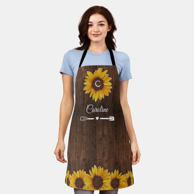 Rustic Sunflowers Monogram Wood Kitchen Apron (Worn)
