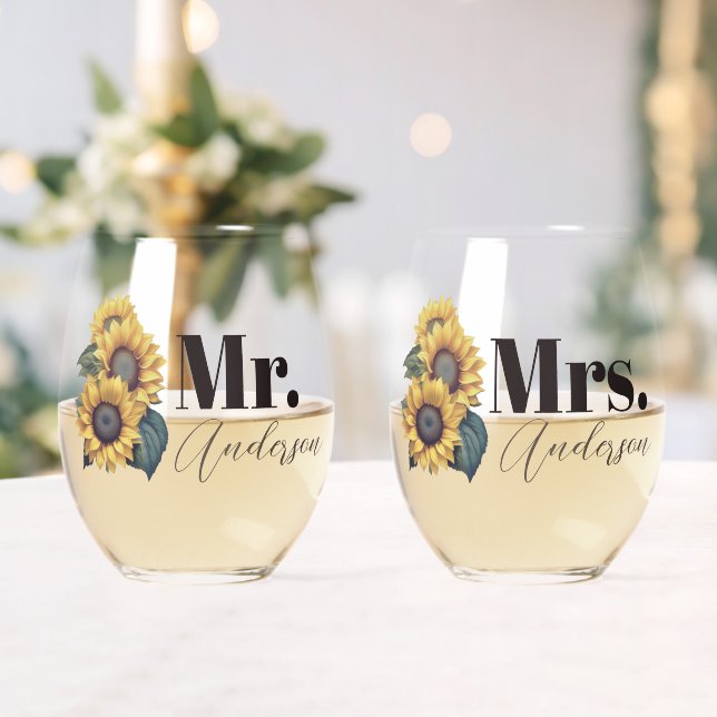 Rustic Sunflowers Mr. and Mrs. Stemless Wine Glass (Insitu (Wedding))