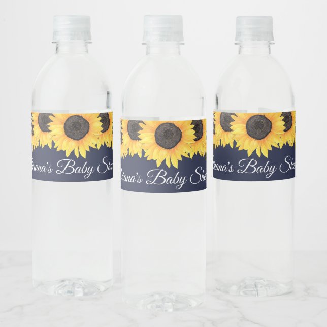 Rustic Sunflowers Navy Blue Baby Shower Water Bottle Label (Bottles)