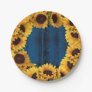 Rustic Sunflowers Navy Blue Barn Wood Paper Plate