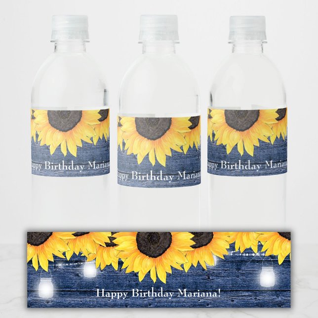 Rustic Sunflowers Navy Blue Bridal Shower Water Bottle Label (Creator Uploaded)