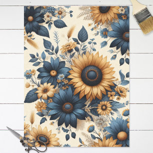 Rustic Sunflowers Navy Blue Daisies Decoupage Tissue Paper