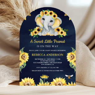 Rustic Sunflowers Navy Blue Elephant Baby Shower Invitation