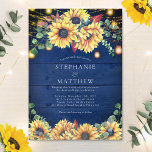 Rustic Sunflowers Navy Blue Jar Lights Wedding Invitation<br><div class="desc">These sunflower watercolor wedding invitations feature a watercolor sunflower design with eucalyptus leaves,  fall leaves,  mason jars and string lights on a navy blue wood background. Personalise them with your text. Matching products available.</div>