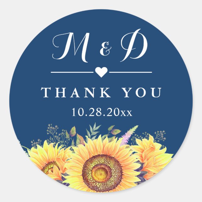 Rustic Sunflowers Navy Blue Wedding Favour Classic Round Sticker (Front)