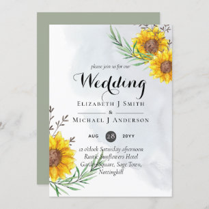 Rustic Sunflowers Olive Leaves Wedding Invites
