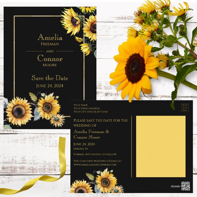 Rustic Sunflowers on Black Save the Date Postcard (Creator Uploaded)