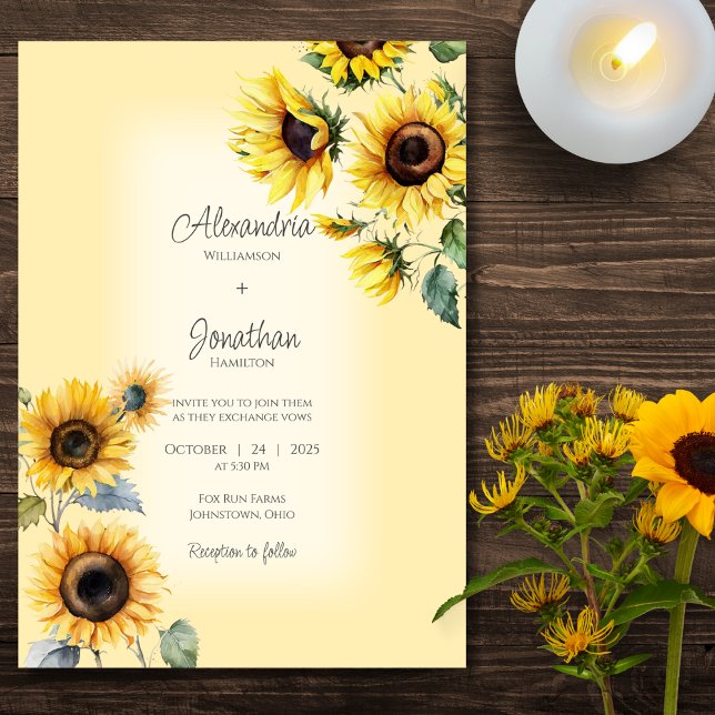 Rustic Sunflowers on Faded Pale Gold Wedding Invitation (Creator Uploaded)
