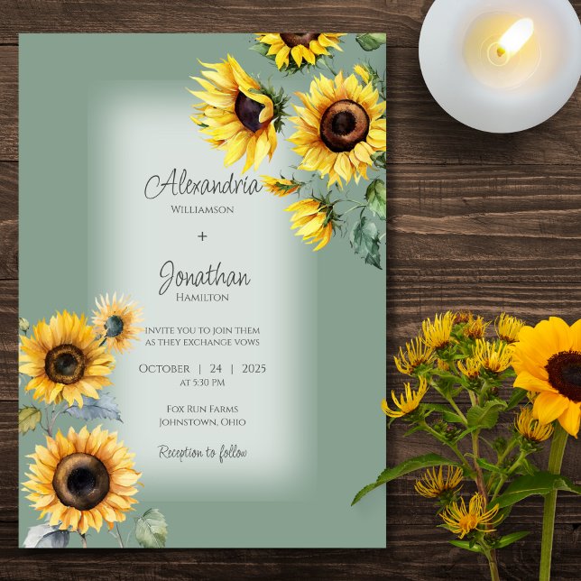 Rustic Sunflowers on Faded Sage Green Wedding Invitation (Creator Uploaded)