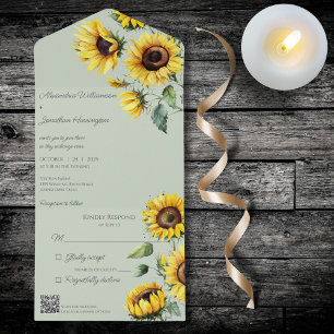 Rustic Sunflowers on Sage Green with QR Code  All In One Invitation