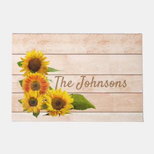 Rustic Sunflowers on Wood Doormat
