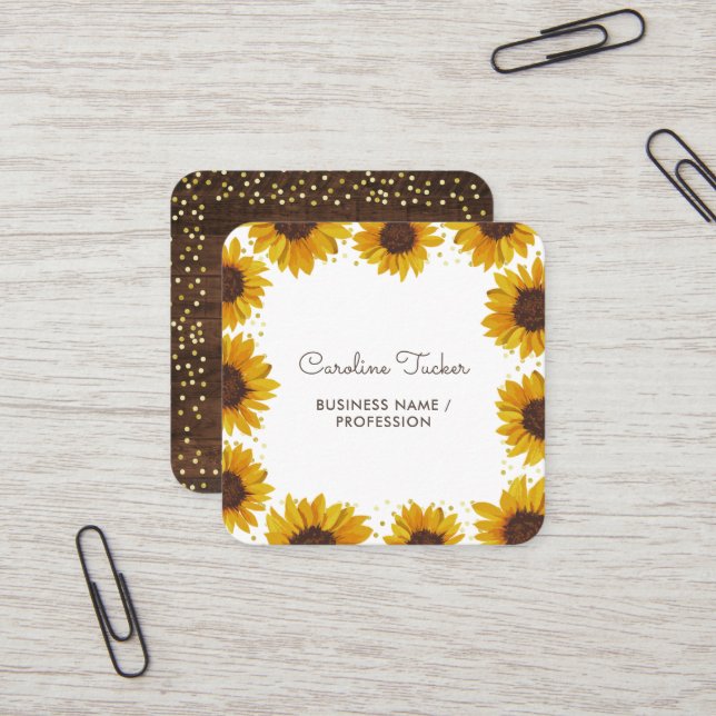 Rustic Sunflowers on Wood Gold Dots Boutique Square Business Card (Front/Back In Situ)