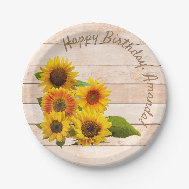 Rustic Sunflowers on Wood Paper Plate (Front)