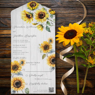 Rustic Sunflowers on Wood QR Code  All In One Invitation