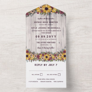 Rustic Sunflowers Pale Wood Grain Wedding All In One Invitation