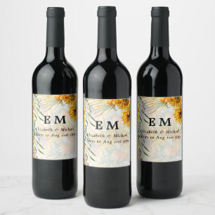 Rustic Sunflowers Pampas Grass Wedding Wine Label