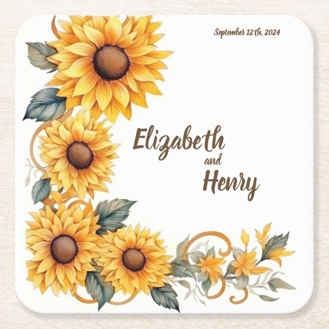 Rustic Sunflowers: Personalized Wedding Coasters (Front)