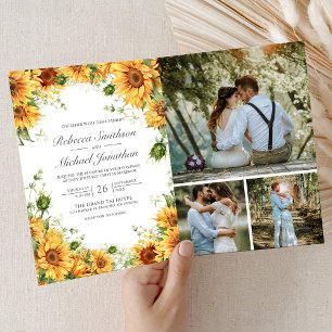 Rustic Sunflowers Photo Collage QR Code Wedding Invitation