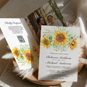 Rustic Sunflowers Photo Collage QR Code Wedding Invitation