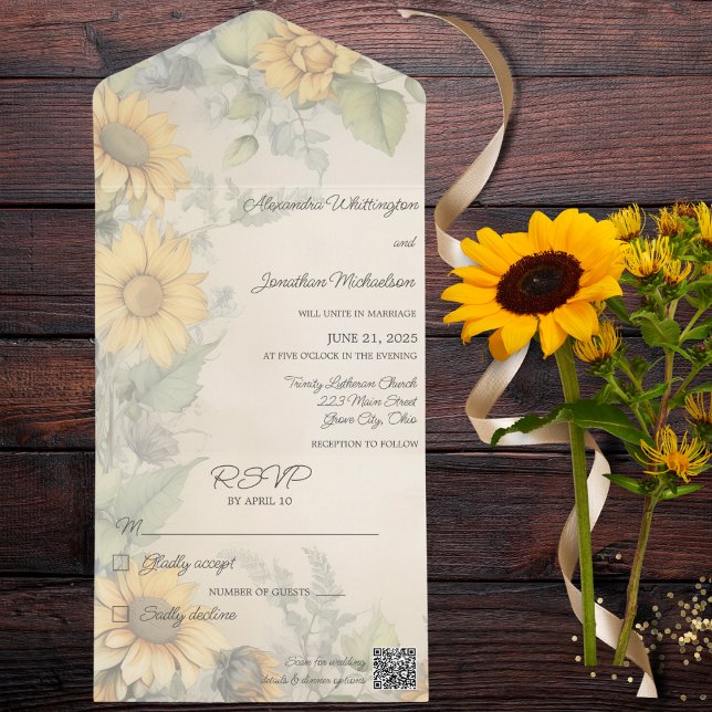 Rustic Sunflowers QR Code All In One Invitation (Also available without QR code and with or without dinner options. )