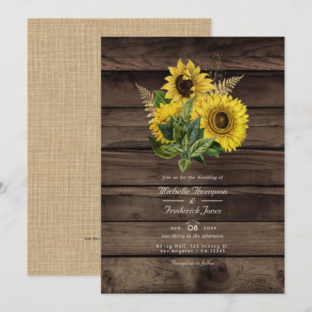 Rustic Sunflowers QR Code RSVP Country Wedding Invitation (Front/Back)