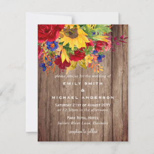 Rustic Sunflowers Red Roses Wood Wedding Invites