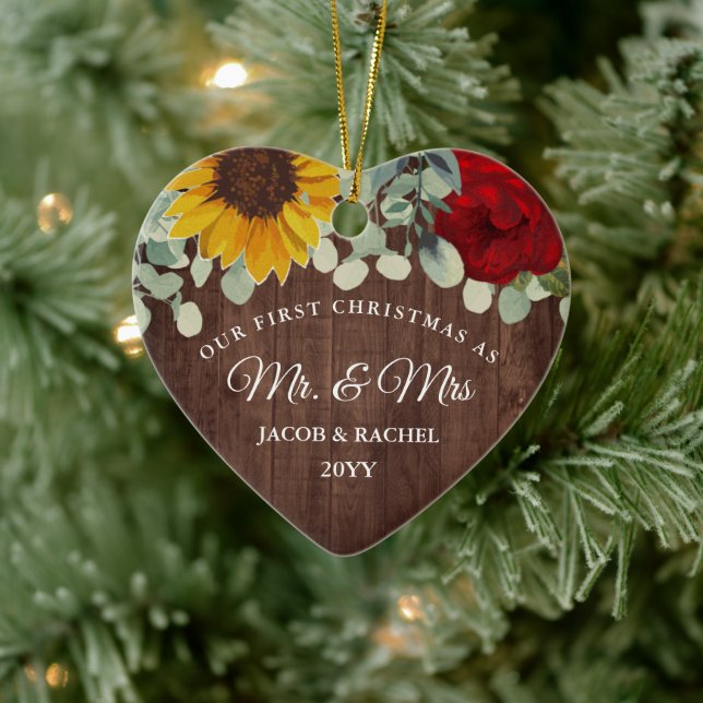 Rustic Sunflowers Roses First Christmas Mr. & Mrs. Ceramic Tree Decoration (Tree)