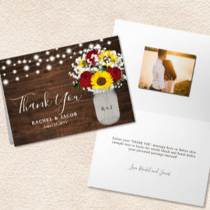 Rustic Sunflowers Roses Jar Lights Photo Wedding Thank You Card