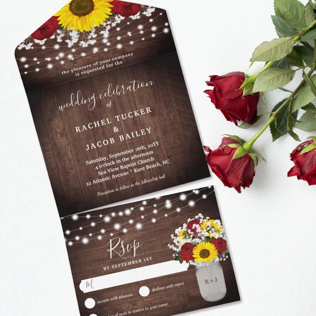 Rustic Sunflowers Roses Jar Lights Wedding All In One Invitation (Creator Uploaded)