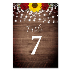Rustic Sunflowers Roses Jar Lights Wedding Table Number