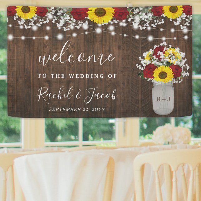 Rustic Sunflowers Roses Jar String Lights Wedding Banner (Creator Uploaded)