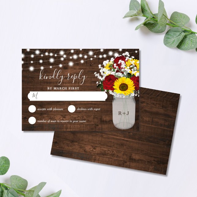 Rustic Sunflowers Roses Mason Jar Lights Wedding RSVP Card (Creator Uploaded)