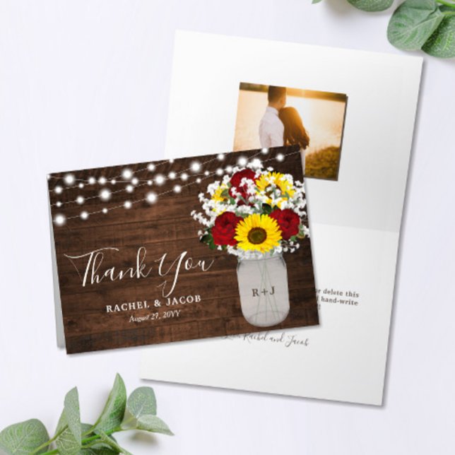 Rustic Sunflowers Roses Mason Jar Photo Wedding Thank You Card (Creator Uploaded)