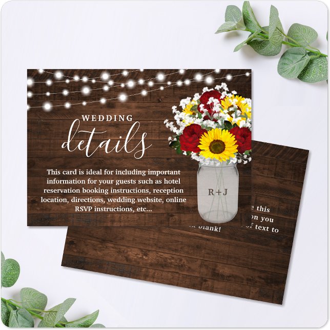 Rustic Sunflowers Roses Mason Jar Wedding Details Enclosure Card (Creator Uploaded)