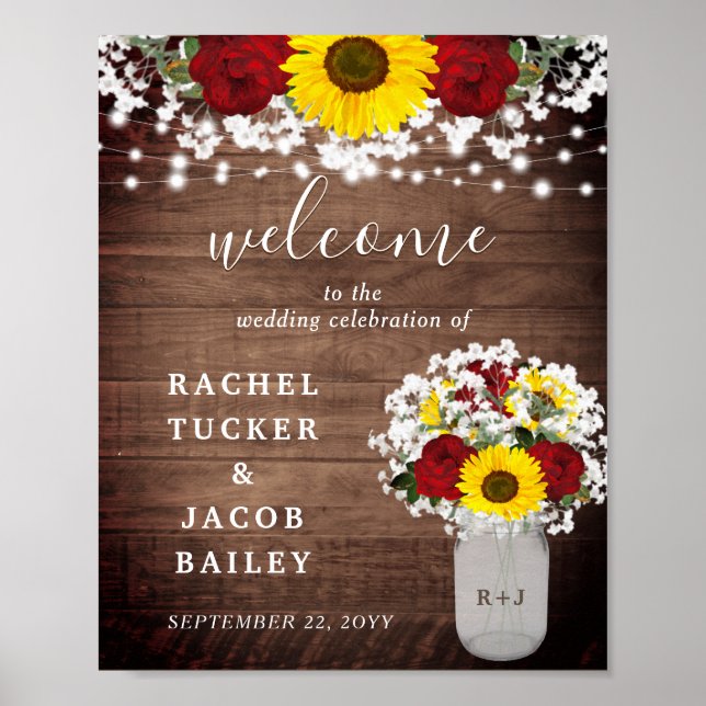 Rustic Sunflowers Roses Mason Jar Welcome Wedding Poster (Front)
