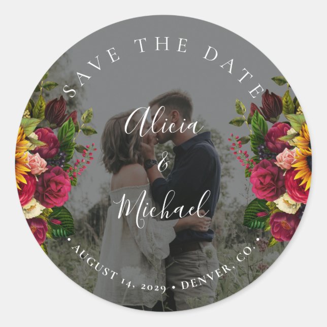 Rustic sunflowers roses photo wedding save date classic round sticker (Front)