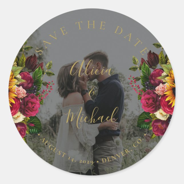 Rustic sunflowers roses photo wedding save date classic round sticker (Front)