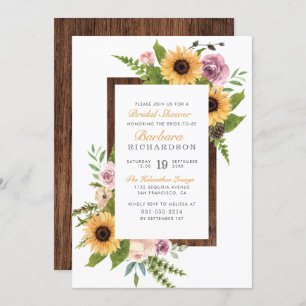 Rustic Sunflowers, Roses & Wood Bridal Shower Invitation