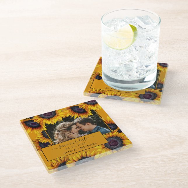 Rustic sunflowers script photo wedding save date glass coaster (Angled)