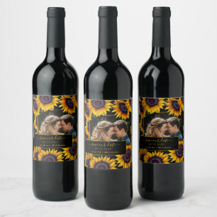 Rustic sunflowers script photo wedding save date wine label