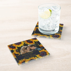 Rustic sunflowers script wedding photo save date glass coaster