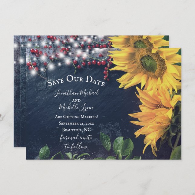Rustic Sunflowers, Slate, Lights Save Our Date Invitation (Front/Back)