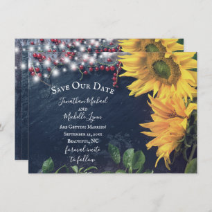 Rustic Sunflowers, Slate, Lights Save Our Date Invitation