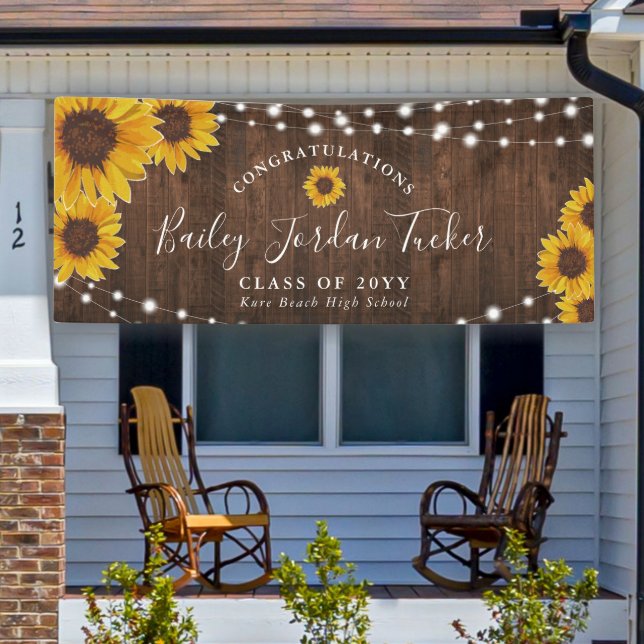 Rustic Sunflowers String Lights Graduation Banner (Creator Uploaded)