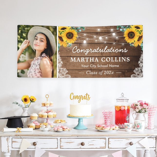 Rustic Sunflowers String Lights Graduation Party Banner (Creator Uploaded)