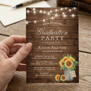 Rustic Sunflowers String Lights Graduation Party Invitation