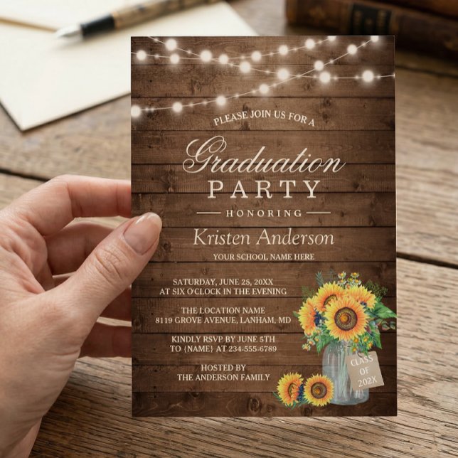 Rustic Sunflowers String Lights Graduation Party Invitation (Creator Uploaded)