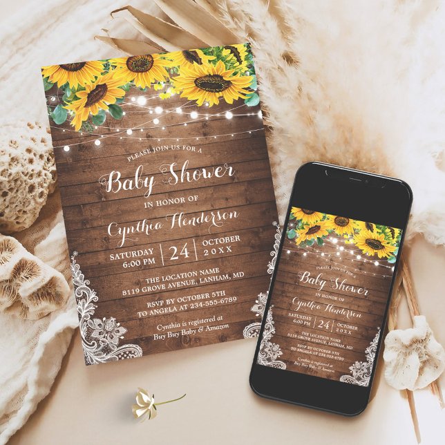 Rustic Sunflowers String Lights Lace Baby Shower Invitation (Creator Uploaded)