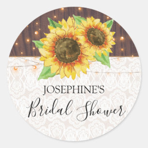 Rustic Sunflowers String Lights Lace Bridal Shower Classic Round Sticker