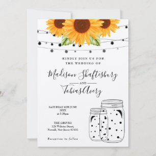 Rustic Sunflowers String Lights Mason Jar Wedding Invitation